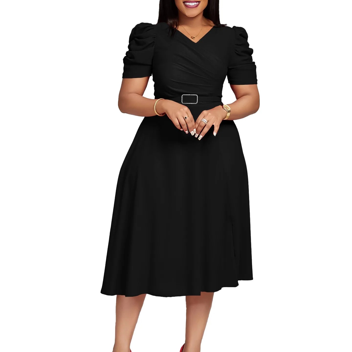 Elegant Party Dresses for Women V Neck Short Sleeve Belt Waisted Pleated Mid Calf Luxury Birthday Dinner Vestidos Mujer Dress OL