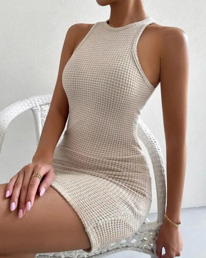 Sexy Dresses for Women 2023 Summer Vestidos Fashion New Sleeveless O-neck Keyhole Back Textured Mini Skinny Solid Color Dress