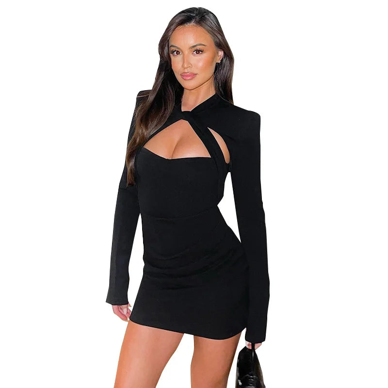 Fashion Autumn Sexy Women Slim Fit Long Sleeve Dress Party Elegant Hollow Out Short Evening Dress Spring Mock Neck Clothing