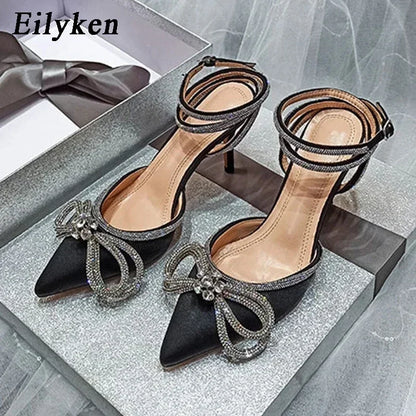 Eilyken Style Glitter Rhinestones Silk Transparent Pumps Women Crystal Bowknot Satin High Heels Party Prom Stripper Shoes