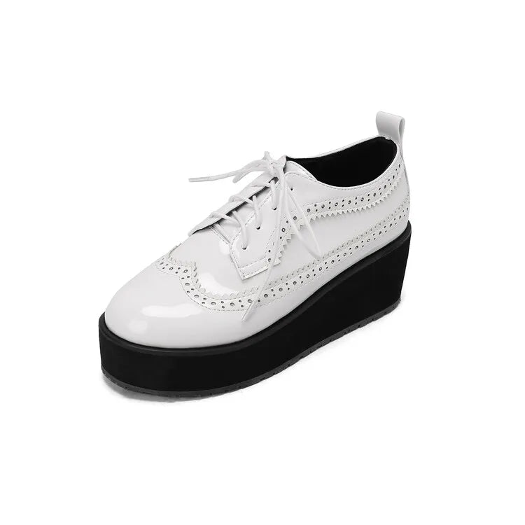 Ochanmeb Big Size 48 Women Patent Leather Brogues High Heels Derby Shoes Platforms Laser Cutout Oxfords Fashion Ladies Pumps Red