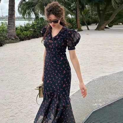 Sexy Print Women Long Dress Urban V-neck Single Breasted Ruffles Half Sleeve Female Dresses 2026 Spring Autumn Lady Robe