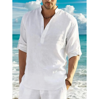 Men'sshirt Classic Casual Stand-up Collar Long-sleeved V-neck Shirt Sleeve Split-sleeved Light Breathable Beach Vacation T-shirt