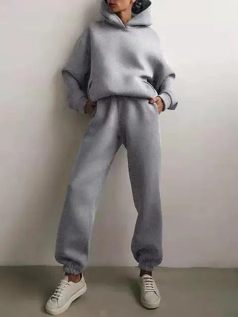 Two Piece Pant Sets Women Solid Thick Sweatshirts Hooded Full Sleeve Elastic Waist Spliced Long Pants Pockets Casual Suits
