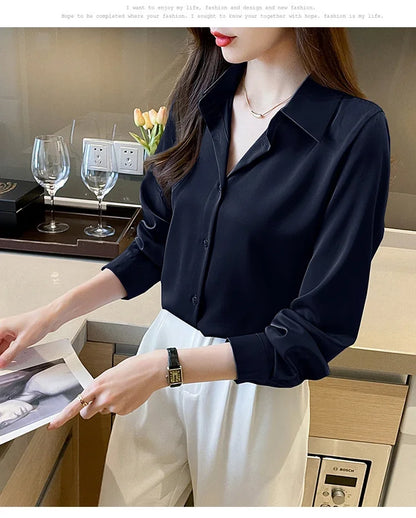 Fashion elegant satin shirts solid color ladies shirts causal Women's Blouses Spring Long Sleeve Shirts Tops Blusas Mujer