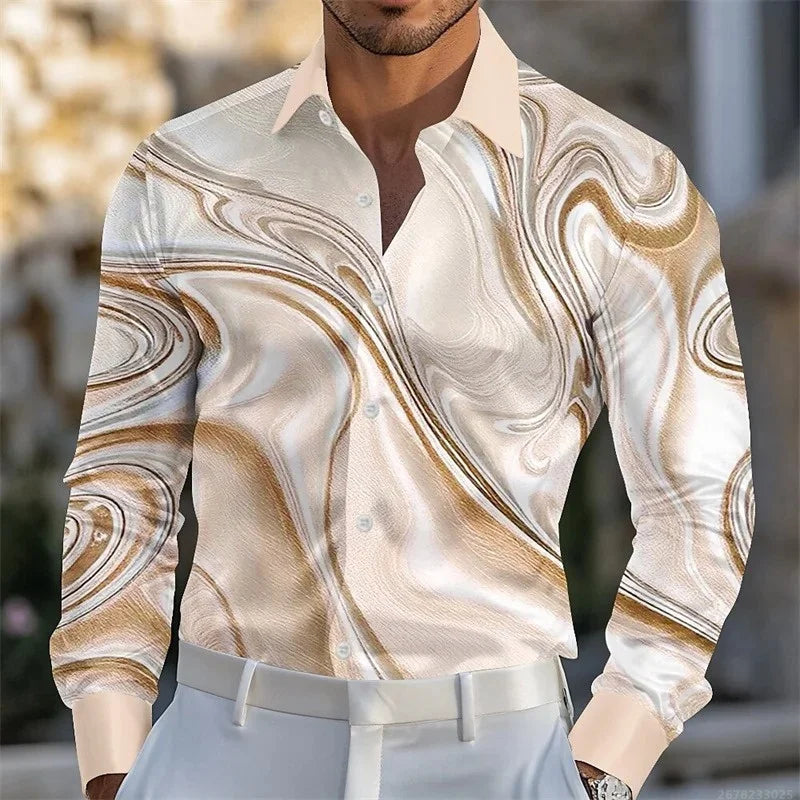 Men's shirt abstract liquid art 3D print shirt, spring and autumn lapel long-sleeved shirt, fashionable casual men's top