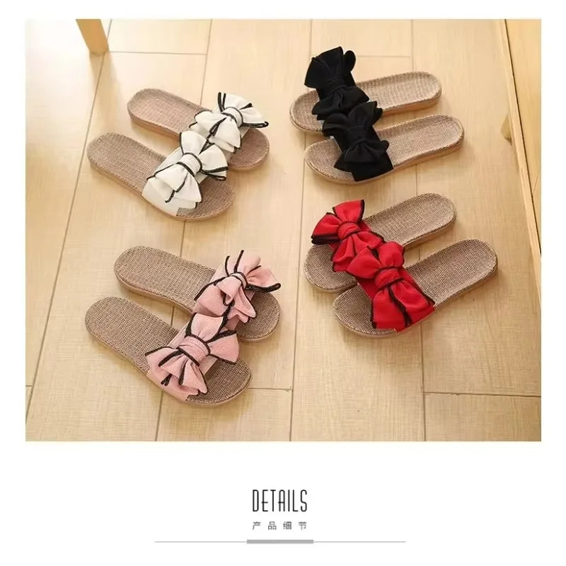 Women Summer Casual Slides Comfortable Flax Slippers Striped Bow Linen Flip Flops Platform Sandals Ladies Indoor Shoes  slippers
