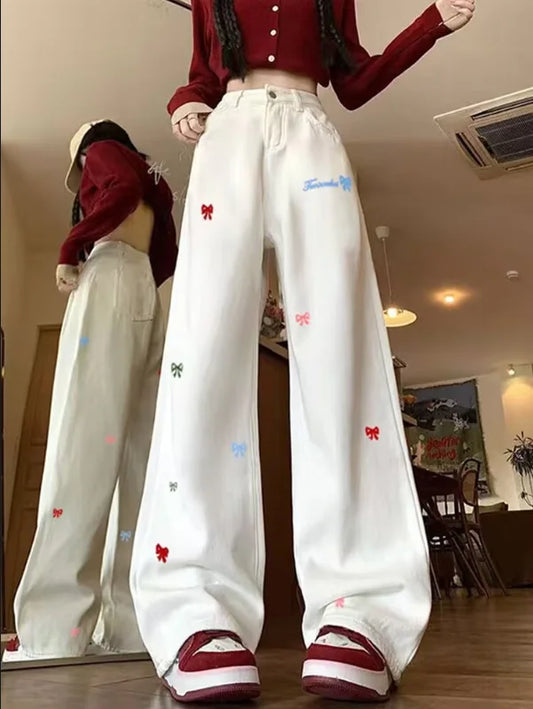 Bow Print Women's High Waist Thin Fashionable Loose Wide Leg Jeans for Spring and Summer Slim Fit High Waist Jeans for Women