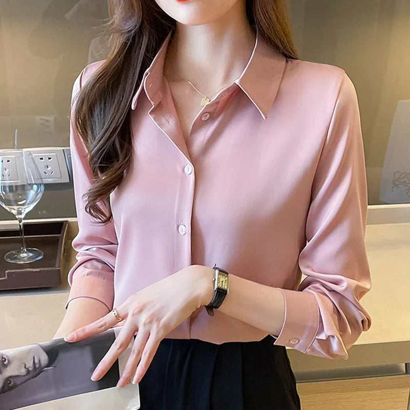 Fashion elegant satin shirts solid color ladies shirts causal Women's Blouses Spring Long Sleeve Shirts Tops Blusas Mujer