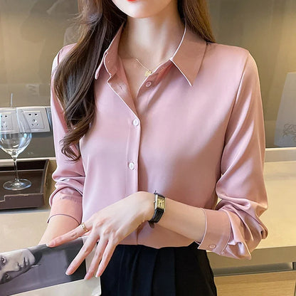 Fashion elegant satin shirts solid color ladies shirts causal Women's Blouses Spring Long Sleeve Shirts Tops Blusas Mujer