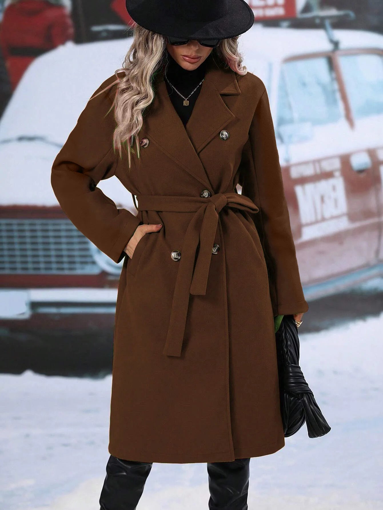 Women Turn Down Collar Thick Midi Length Wool Coat Pockets Casual Full Sleeve Double Breasted Blends Coats 2025 Autumn Winter
