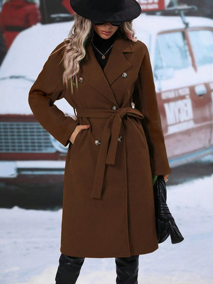 Women Turn Down Collar Thick Midi Length Wool Coat Pockets Casual Full Sleeve Double Breasted Blends Coats 2025 Autumn Winter