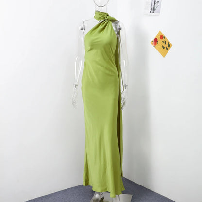Sexy Satin Ribbon Party Dress Women Elegant Halter Backless Off Shoulder Sleeveless Female Dresses 2024 Summer Solid Robe Gown