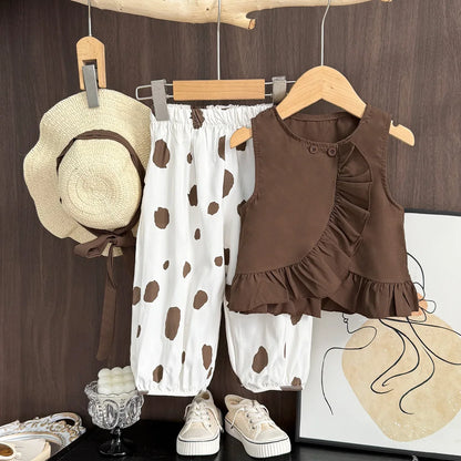 Bear Leader Girls' Set 2026 New Summer Solid Ruffled Top+Polka Dot Pants Set Fashion Baby Set Girl Baby Casual Sleeveless Set