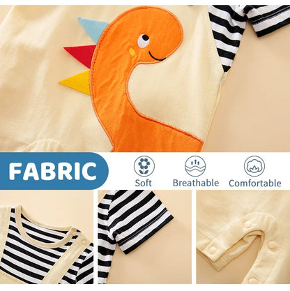 Summer Boys and Girls Cartoon Dinosaur Embroidery 3D Design Strap Splice All Cotton Short Sleeve Baby Clothing Bodysuit