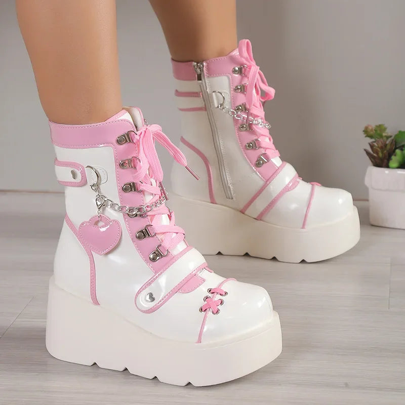 New Gothic Platform Shoes Women's Boots Vampire Role Play Womens Mid-calf Boots Lace Up Wedges Punk Style Botines Para Mujeres