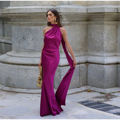 Ribbon Satin Long Party Dress Women Elegant Solid Sleeveless Female Backless Dresses 2026 Summer Autumn Lady Evening Club Gowns