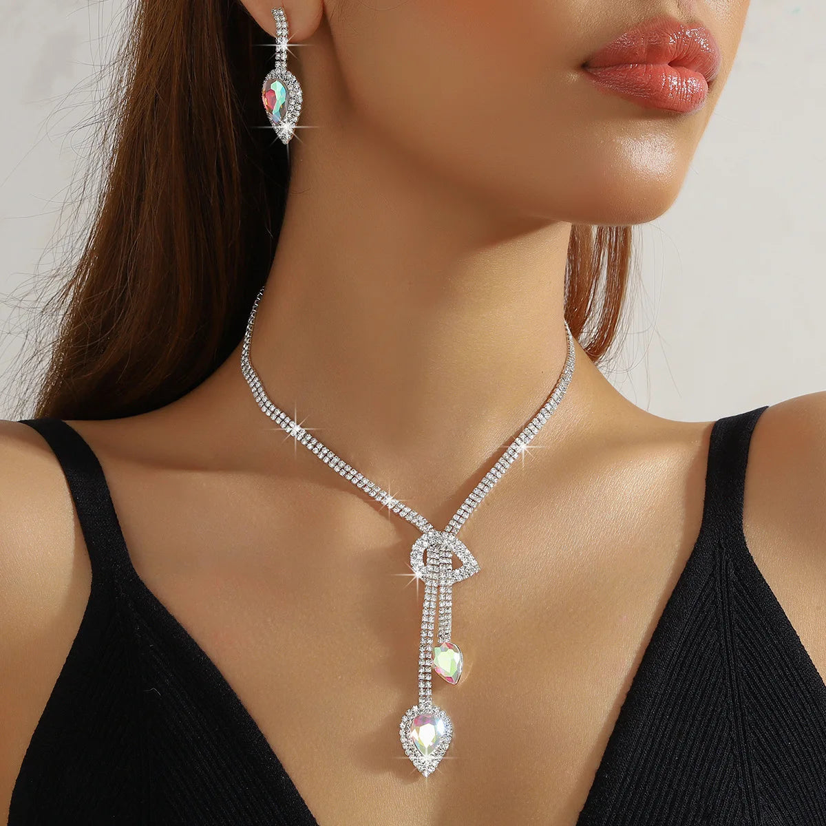 FYUAN Women's Crystal Jewelry Set Sapphire Blue Silver Color Water Drop Necklace Earrings Wedding Party Festival Wear