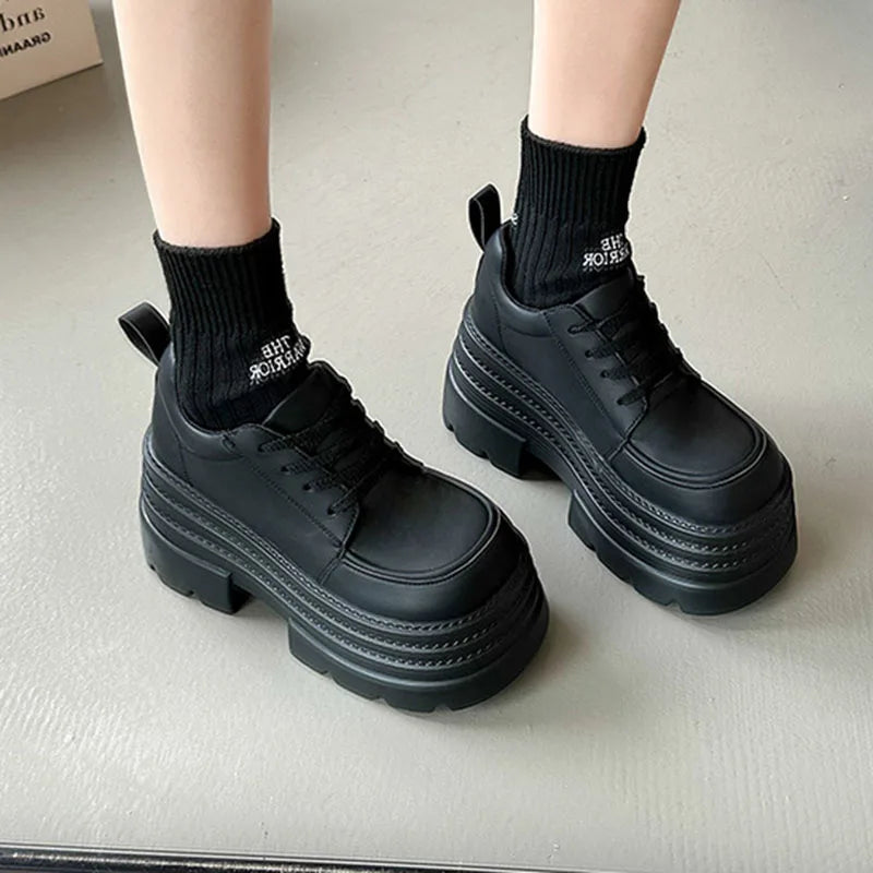 Women Platfrom Pumps Shoes Black Lace-up Leather Female British Style Spring Autumn New Heightening High Heels Mary Jane Loafers