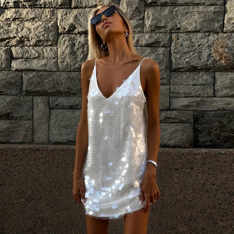 Sexy Lace Sequined Patchwork Women's Dress Sling Hollow Out Waist-Closed Lady Mini Dresses 2026 Summer Autumn Chic Female Robe