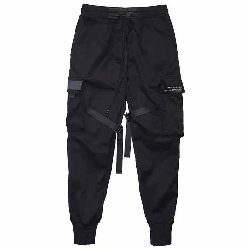 Men's multi pocket ribbed bandage work pants, jogging pants, sports pants, fashionable streetwear, trendy hip-hop loose pants