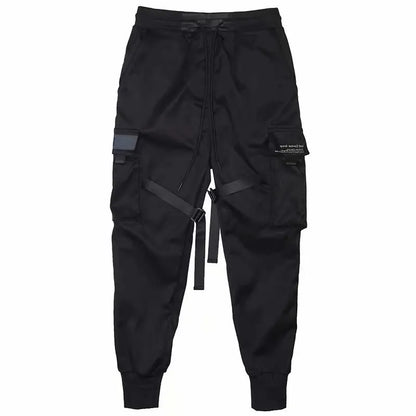 Men's multi pocket ribbed bandage work pants, jogging pants, sports pants, fashionable streetwear, trendy hip-hop loose pants