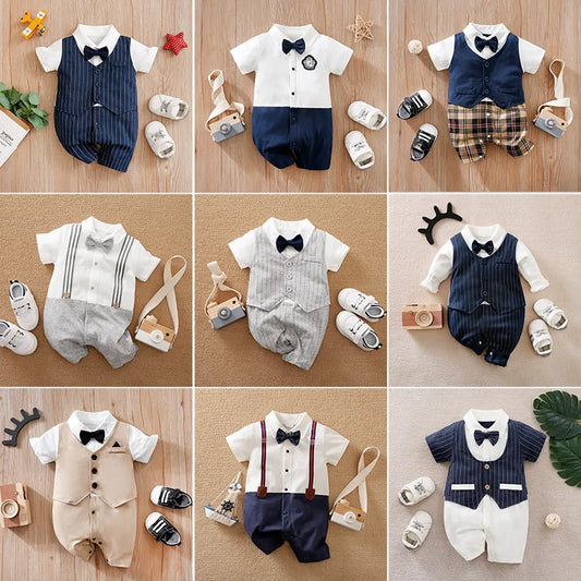 Newborn baby summer gentleman's short-sleeved cotton soft and comfortable one-piece suit Newborn baby summer gentleman's short-s