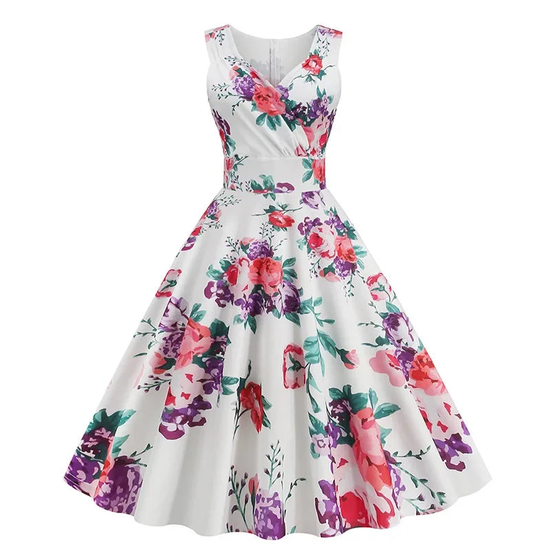 Floral Print 1950s 60s Vintage Women Dress Elegant Summer Robe Ladies Sleeveless V Neck A Line Swing Rockabilly Dresses 2025
