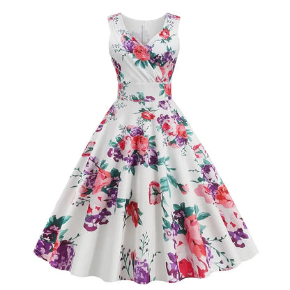 Floral Print 1950s 60s Vintage Women Dress Elegant Summer Robe Ladies Sleeveless V Neck A Line Swing Rockabilly Dresses 2025