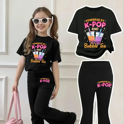 5-12 Year Old Girls' Trendy Milk Tea Outfit: Black Crew Neck T-Shirt with Colorful Printed K-Pop Letters + Gradient Bubble Tea, Cute Pattern Flared Pants Casual Clothes