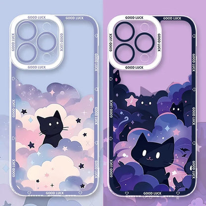 Starry Sky Black Cats Clear Phone Case For iPhone 15 14 13 11 12 16 Pro XS Max Mini XR X SE 7 8 Plus Transparent Cover Fundas