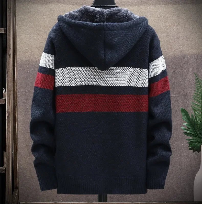 Striped Mens Sweater Coat Thick Fleece Warm Zipper Wool Hooded Cardigan Jumpers Men Long Sleeve Knitted Sweaters Suit Jackets