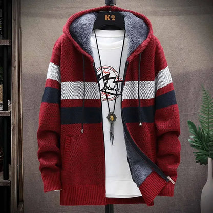 Striped Mens Sweater Coat Thick Fleece Warm Zipper Wool Hooded Cardigan Jumpers Men Long Sleeve Knitted Sweaters Suit Jackets