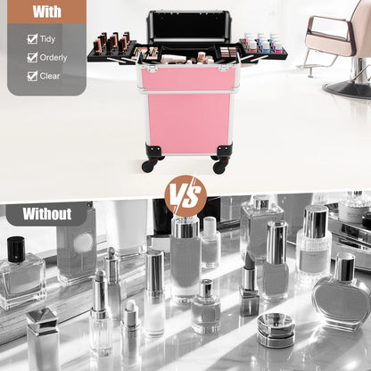 Rolling Makeup Train Case,Cosmetic Trolley with Keys,Hairdressing Travel Case,Large Capacity Trolley Makeup Box,Pink/Black