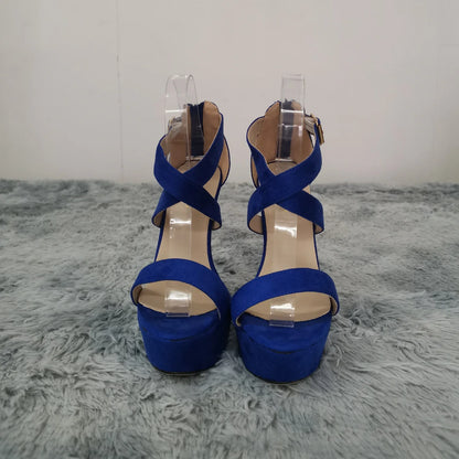 LOSLANDIFEN Women's Open Toe Cross Strap Buckle Wedge Platform Sandals High Heel Chunky Block Heels Dress Party Wedding Shoes