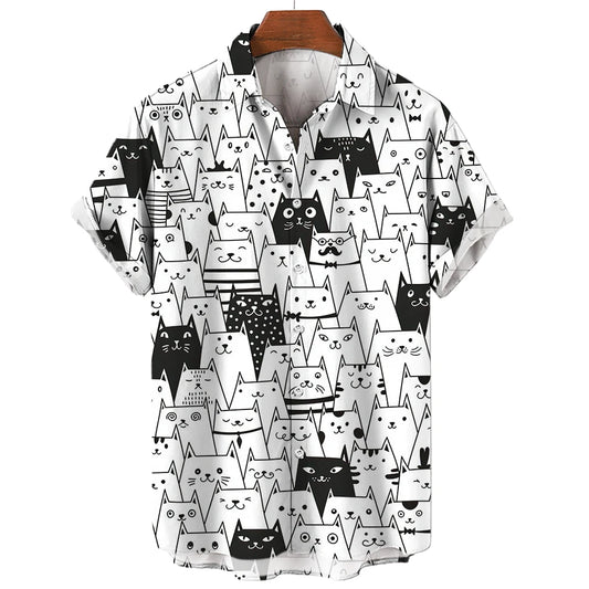Men's Hawaiian Collar Shirt 3D Printing Short Sleeve Cute Cat Casual For Men Vintage Clothes Harajuku Floral Blouse