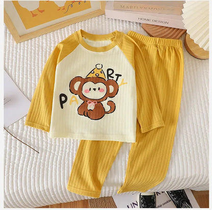 New Baby Boys Girls Warm Pajamas Kids Cute Cartoon Animal O-neck T-Shirt Tops + Pants Pyjamas Autumn Underwear Clothing Sets