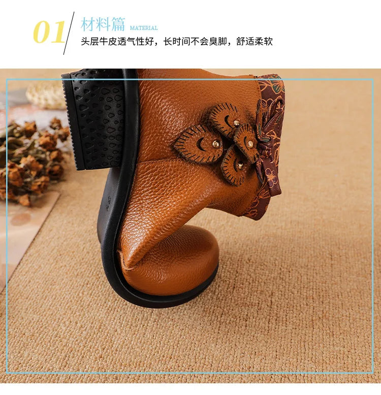 Top layer cowhide 2025 autumn and winter new retro ethnic style feature thick heel buckle splicing versatile women's short boots