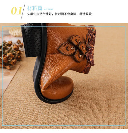 Top layer cowhide 2025 autumn and winter new retro ethnic style feature thick heel buckle splicing versatile women's short boots