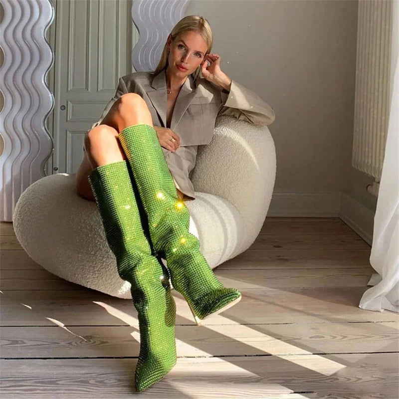 Women Rhinestone Knee High Boots Sexy Lady Pinted Toe Thin Heel Long Boots Woman's Slip-On High Heels Botas Mujer Invierno 2025