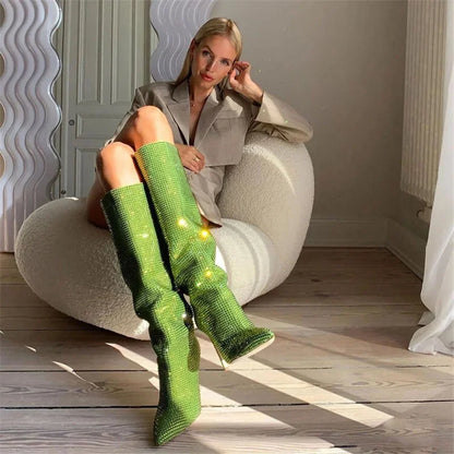 Women Rhinestone Knee High Boots Sexy Lady Pinted Toe Thin Heel Long Boots Woman's Slip-On High Heels Botas Mujer Invierno 2025