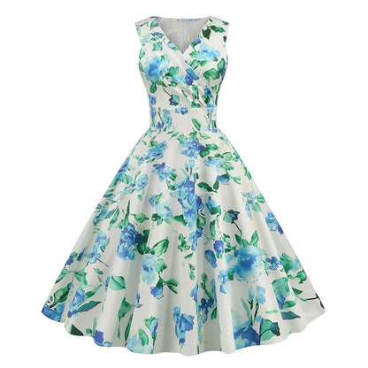 Floral Print 1950s 60s Vintage Women Dress Elegant Summer Robe Ladies Sleeveless V Neck A Line Swing Rockabilly Dresses 2025