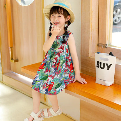 Girls Casual Dresses Flower Printing Sleeveless Casual Dress Toddler Clothes Flower Girl Dresses 2 To 8 Years