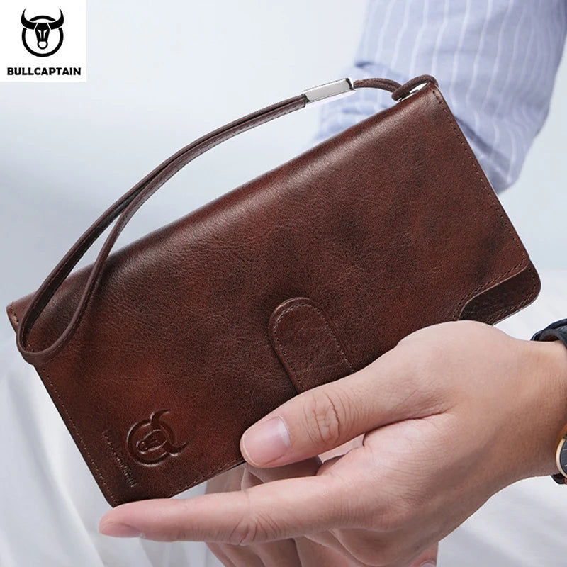 BULLCAPTAIN Men Long Wallet Clutch Bag Credit Card Holder Purses Carteras Billetera Hombre Leather Money Portfe Carte