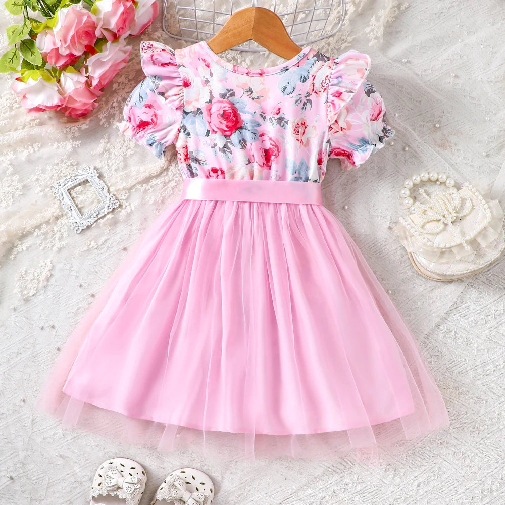 New girls' summer style bubble sleeve flower printed mesh dress