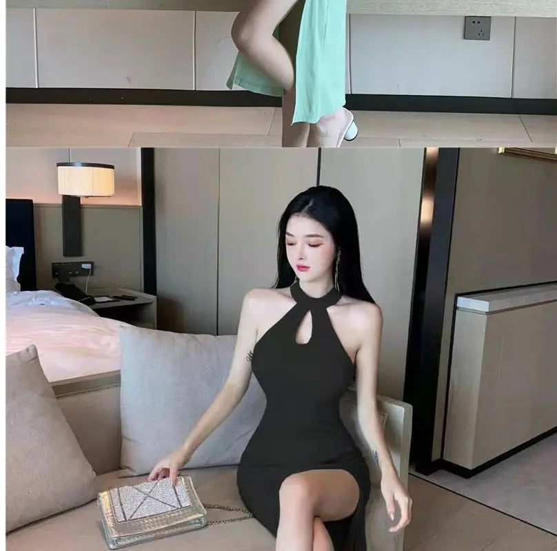 Vintage French Dress for Women Sleeveless Halter High Waist Slit Long Dresses Summer New Chic Temperament Vestidos