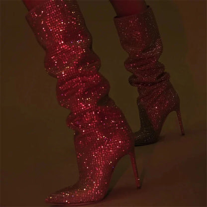 Women Rhinestone Knee High Boots Sexy Lady Pinted Toe Thin Heel Long Boots Woman's Slip-On High Heels Botas Mujer Invierno 2025