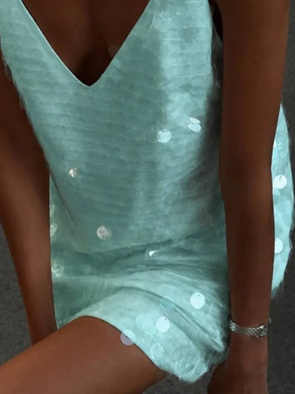 Casual Sequined Loose Sling Short Dress Women Sleeveless Backless Shinny Party Mini Dresses Female 2026 Summer Autumn Lady Robes