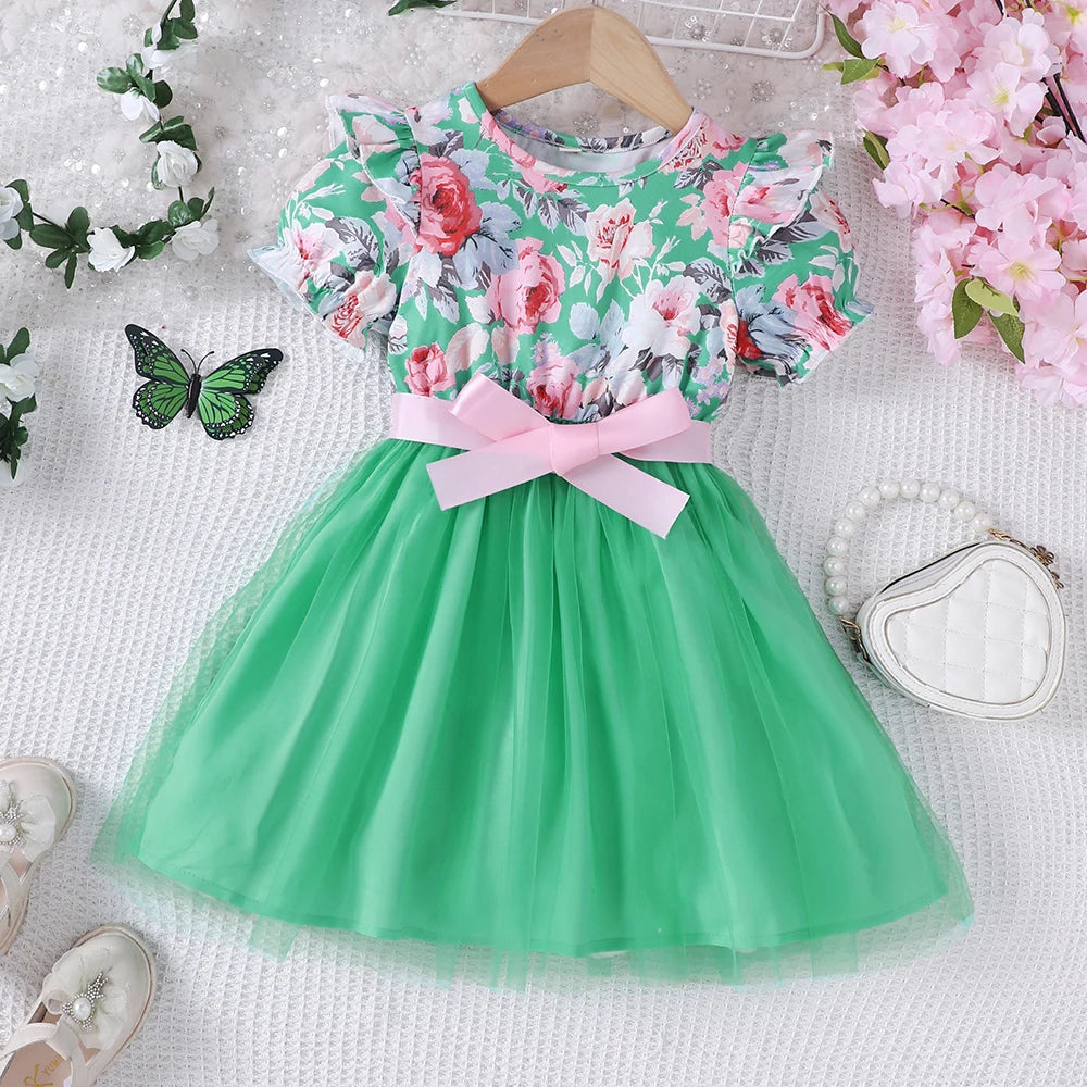 New girls' summer style bubble sleeve flower printed mesh dress