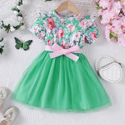 New girls' summer style bubble sleeve flower printed mesh dress